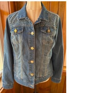 Christopher & Banks Womens Denim Jacket Rhinestone Embellished Blue Size M